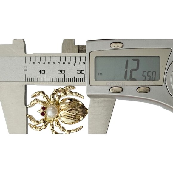 Gold Tone Vintage Faux  Pearl Spider Brooch, Red Rhinestone Pin L876 - Picture 6 of 8